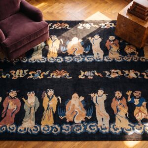 Antique Artistic Chinese Figural Scholars Pattern Art Deco Hallway Runner Rug (SKU 24689) - styled overhead view