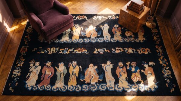Antique artistic chinese figural scholars pattern art deco hallway runner rug 2 Antique artistic chinese figural scholars pattern art deco hallway runner rug (sku 24689) - styled overhead view