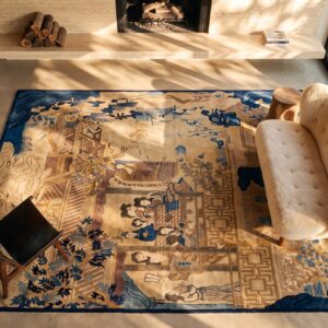 Antique Artistic Chinese Scenic Pictorial Peking Area Rug (SKU 24528) - styled overhead view