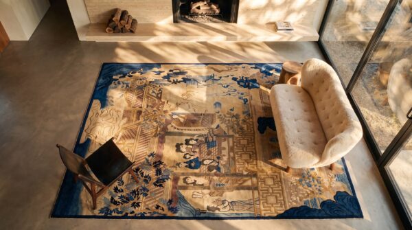 Antique artistic chinese scenic pictorial peking area rug (sku 24528) - styled overhead view