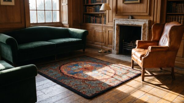 Antique artistic colorful floral square american hooked rug 9 Antique artistic colorful floral square american hooked rug (sku 20322) - room view