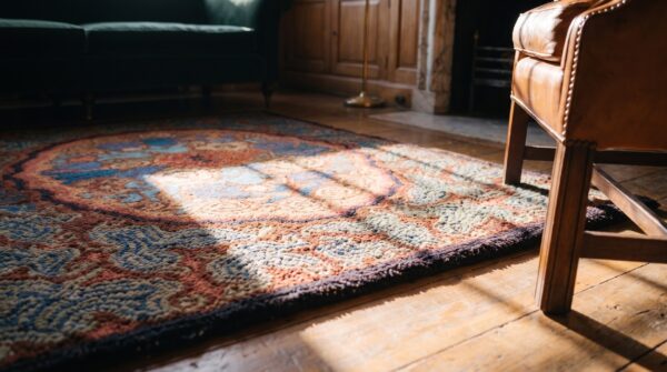 Antique artistic colorful floral square american hooked rug 10 Antique artistic colorful floral square american hooked rug (sku 20322) - in-room detail