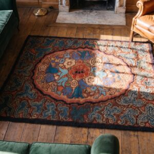 Antique Artistic Colorful Floral Square American Hooked Rug (SKU 20322) - styled overhead view