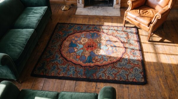 Antique artistic colorful floral square american hooked rug 2 Antique artistic colorful floral square american hooked rug (sku 20322) - styled overhead view
