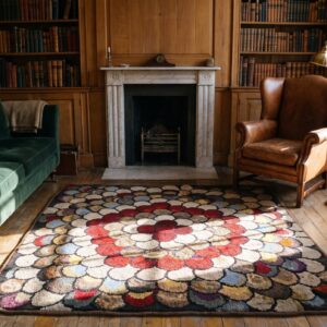Antique Artistic Colorful Radiating American Floral Folk Art Penny Design Square Hooked Rug (SKU 20460) - room view