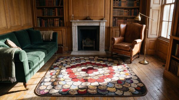 Antique artistic colorful radiating american floral folk art penny design square hooked rug 12 Antique artistic colorful radiating american floral folk art penny design square hooked rug (sku 20460) - room view