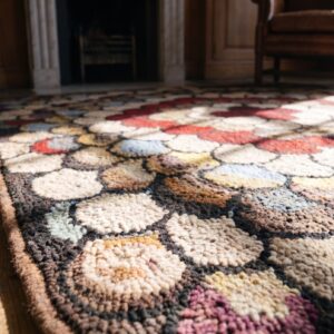 Antique Artistic Colorful Radiating American Floral Folk Art Penny Design Square Hooked Rug (SKU 20460) - in-room detail