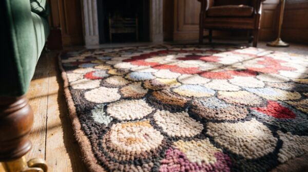 Antique artistic colorful radiating american floral folk art penny design square hooked rug 13 Antique artistic colorful radiating american floral folk art penny design square hooked rug (sku 20460) - in-room detail