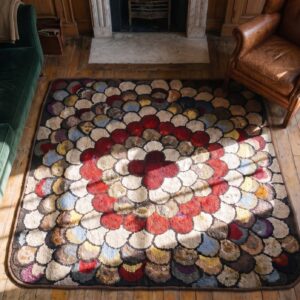 Antique Artistic Colorful Radiating American Floral Folk Art Penny Design Square Hooked Rug (SKU 20460) - styled overhead view