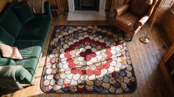 Antique artistic colorful radiating american floral folk art penny design square hooked rug 2 Antique artistic colorful radiating american floral folk art penny design square hooked rug (sku 20460) - styled overhead view