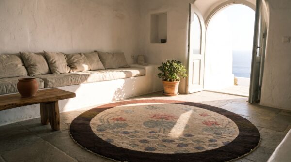 Antique artistic dragonfly design small round chinese art deco ivory rug (sku 22815) - room view