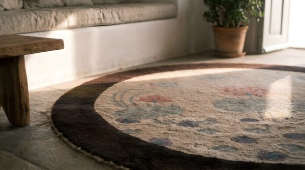 Antique artistic dragonfly design small round chinese art deco ivory rug (sku 22815) - in-room detail
