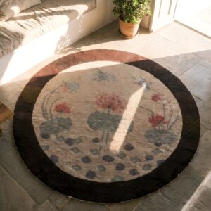 Antique Artistic Dragonfly Design Small Round Chinese Art Deco Ivory Rug (SKU 22815) - styled overhead view