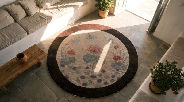 Antique artistic dragonfly design small round chinese art deco ivory rug (sku 22815) - styled overhead view