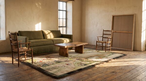 Antique artistic dutch windmill scenic pictorial american folk art hooked rug (sku 20568) - room view