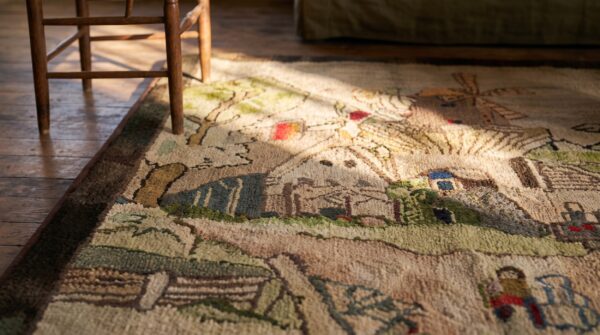 Antique artistic dutch windmill scenic pictorial american folk art hooked rug (sku 20568) - in-room detail