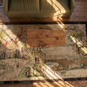 Antique Artistic Dutch Windmill Scenic Pictorial American Folk Art Hooked Rug (SKU 20568) - styled overhead view