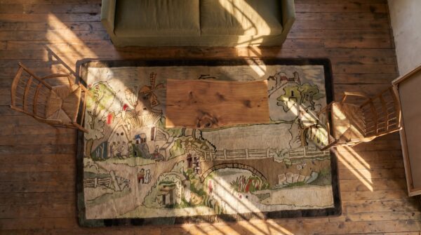 Antique artistic dutch windmill scenic pictorial american folk art hooked rug (sku 20568) - styled overhead view
