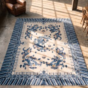 Antique Artistic Five Clawed Chinese Dragons Room Size Ningxia Rug (SKU 21022) - styled overhead view
