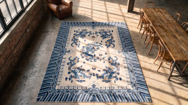 Antique artistic five clawed chinese dragons room size ningxia rug 2 Antique artistic five clawed chinese dragons room size ningxia rug (sku 21022) - styled overhead view