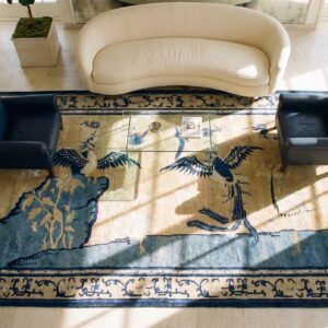 Artistic Antique Floral Bird Pattern Wool Pile Hand Knotted Chinese Rug (SKU 21675) - styled overhead view