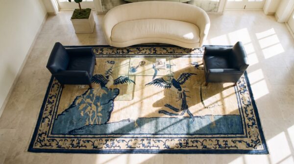 Artistic antique floral bird pattern wool pile hand knotted chinese rug (sku 21675) - styled overhead view