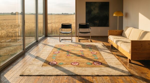Artistic floral inlay pattern antique square american floral hand knotted pile rug 6 Artistic floral inlay pattern antique square american floral hand knotted pile rug (sku 18336) - room view