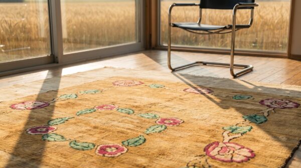 Artistic floral inlay pattern antique square american floral hand knotted pile rug 7 Artistic floral inlay pattern antique square american floral hand knotted pile rug (sku 18336) - in-room detail