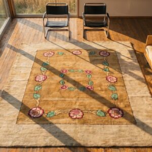 Artistic Floral Inlay Pattern Antique Square American Floral Hand Knotted Pile Rug (SKU 18336) - styled overhead view