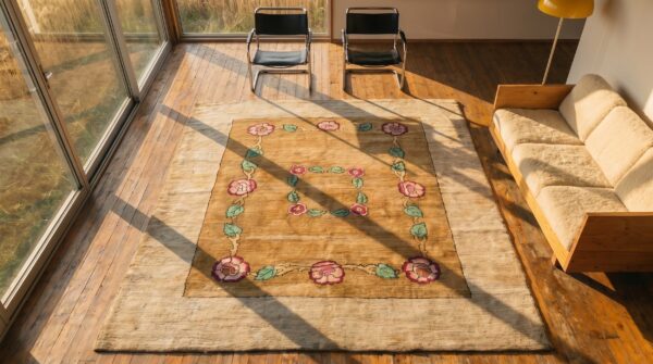 Artistic floral inlay pattern antique square american floral hand knotted pile rug 2 Artistic floral inlay pattern antique square american floral hand knotted pile rug (sku 18336) - styled overhead view