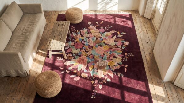 Artistic floral medallion center antique chinese coral room size deco rug 2 Artistic floral medallion center antique chinese coral room size deco rug (sku 20079) - styled overhead view