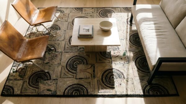 Antique artistic folk art design american hooked rug 2 Antique artistic folk art design american hooked rug (sku 25635) - styled overhead view