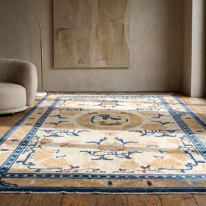 Artistic Foo Dog Pattern Antique Ivory Chinese 18th Century Ningxia Rug (SKU 22875) - room view