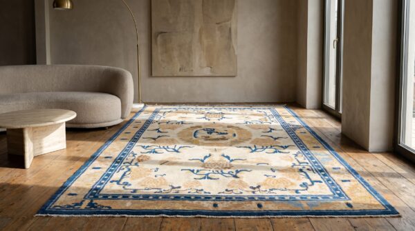 Artistic foo dog pattern antique ivory chinese 18th century ningxia rug 8 Artistic foo dog pattern antique ivory chinese 18th century ningxia rug (sku 22875) - room view