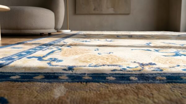 Artistic foo dog pattern antique ivory chinese 18th century ningxia rug 9 Artistic foo dog pattern antique ivory chinese 18th century ningxia rug (sku 22875) - in-room detail