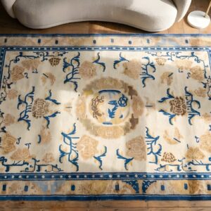 Artistic Foo Dog Pattern Antique Ivory Chinese 18th Century Ningxia Rug (SKU 22875) - styled overhead view