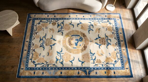 Artistic foo dog pattern antique ivory chinese 18th century ningxia rug 2 Artistic foo dog pattern antique ivory chinese 18th century ningxia rug (sku 22875) - styled overhead view
