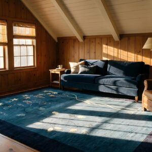 Artistic Garden Scene Antique Room Size Blue Peking Chinese Rug (SKU 24271) - styled overhead view
