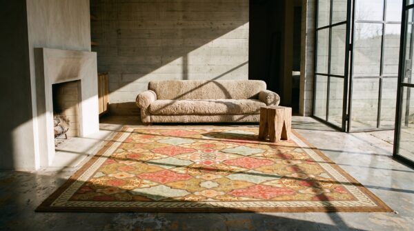 Artistic antique geometric french aubusson square flat weave rug 8 Artistic antique geometric french aubusson square flat weave rug (sku 21087) - room view