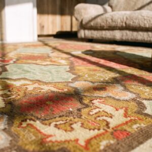 Artistic Antique Geometric French Aubusson Square Flat Weave Rug (SKU 21087) - in-room detail