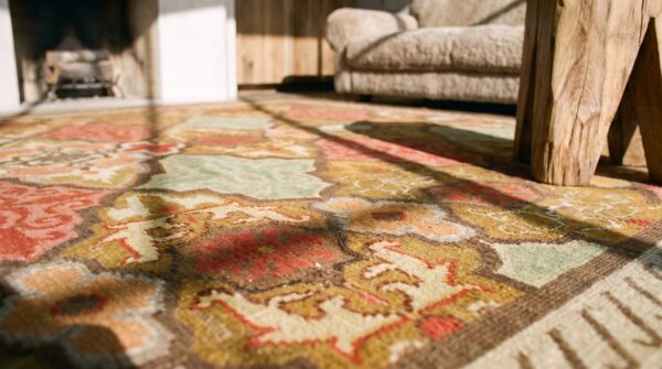 Artistic antique geometric french aubusson square flat weave rug 9 Artistic antique geometric french aubusson square flat weave rug (sku 21087) - in-room detail