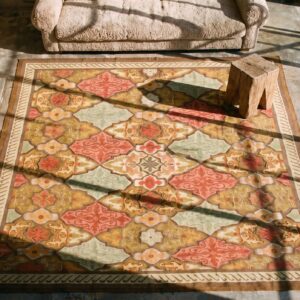 Artistic Antique Geometric French Aubusson Square Flat Weave Rug (SKU 21087) - styled overhead view