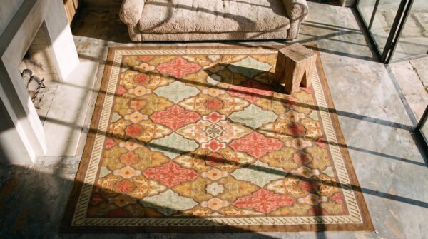 Artistic antique geometric french aubusson square flat weave rug 2 Artistic antique geometric french aubusson square flat weave rug (sku 21087) - styled overhead view