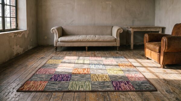 Artistic geometric tile pattern antique folk art american hooked rug 7 Artistic geometric tile pattern antique folk art american hooked rug (sku 20447) - room view