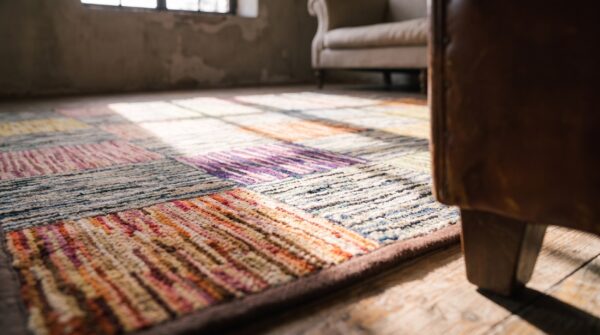 Artistic geometric tile pattern antique folk art american hooked rug 8 Artistic geometric tile pattern antique folk art american hooked rug (sku 20447) - in-room detail