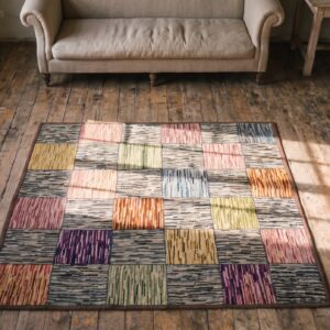 Artistic Geometric Tile Pattern Antique Folk Art American Hooked Rug (SKU 20447) - styled overhead view