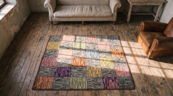 Artistic geometric tile pattern antique folk art american hooked rug 2 Artistic geometric tile pattern antique folk art american hooked rug (sku 20447) - styled overhead view