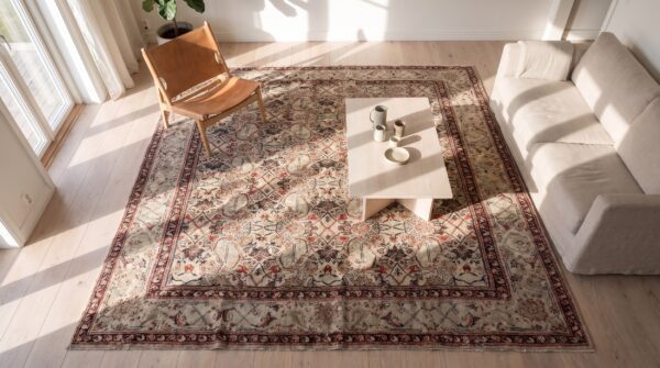 Artistic herati pattern ivory color antique room size indian agra rug 2 Artistic herati pattern ivory color antique room size indian agra rug (sku 22844) - styled overhead view