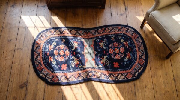 Artistic horse saddle cover antique blue color chinese rug 2 Artistic horse saddle cover antique blue color chinese rug (sku 21980) - styled overhead view