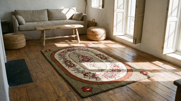 Artistic oval floral inlay design antique american hooked rug 7 Artistic oval floral inlay design antique american hooked rug (sku 17187) - room view